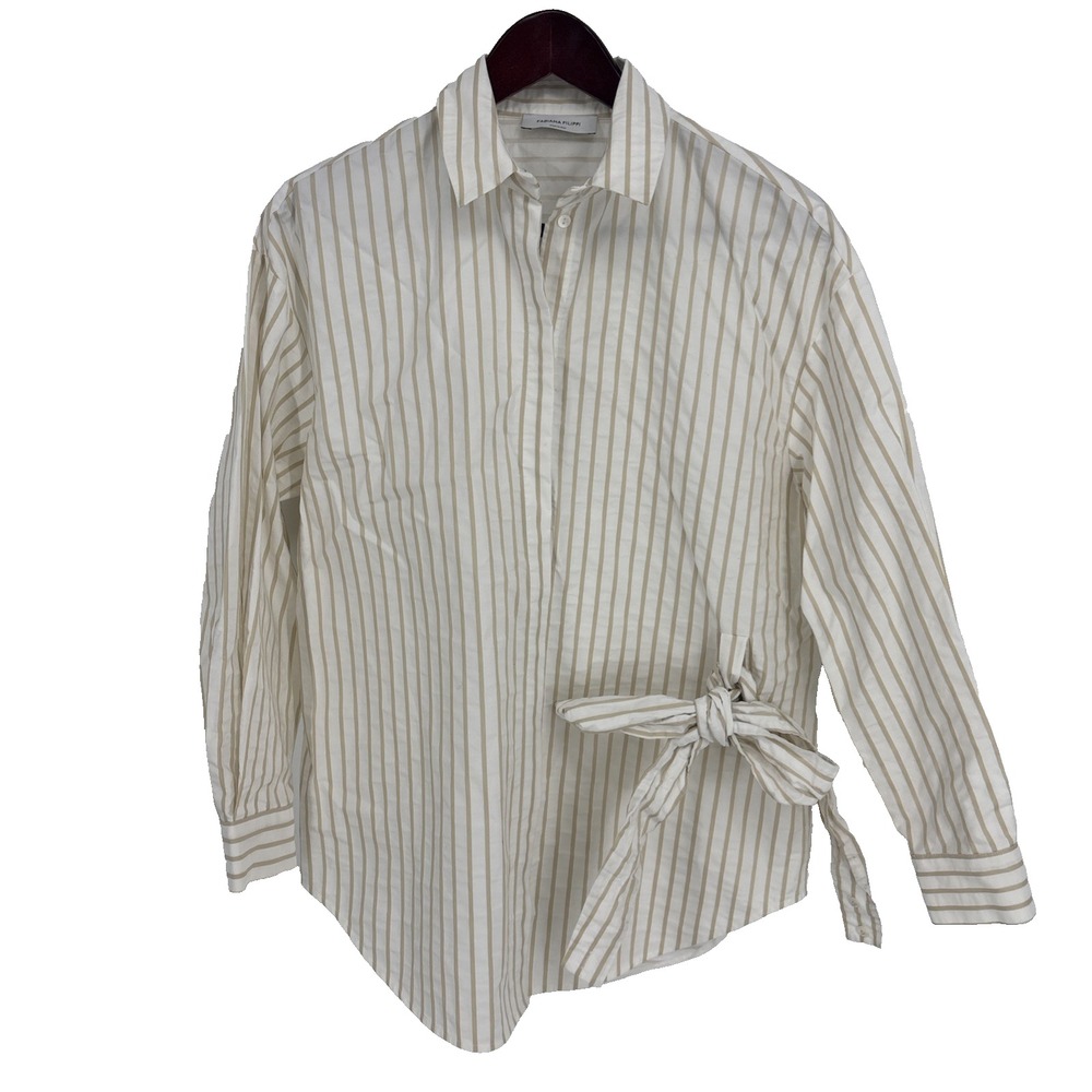FABIANA FILIPPI Button-Up Shirt Stripe Tie Sz 12 White Tan Made in Italy Luxury